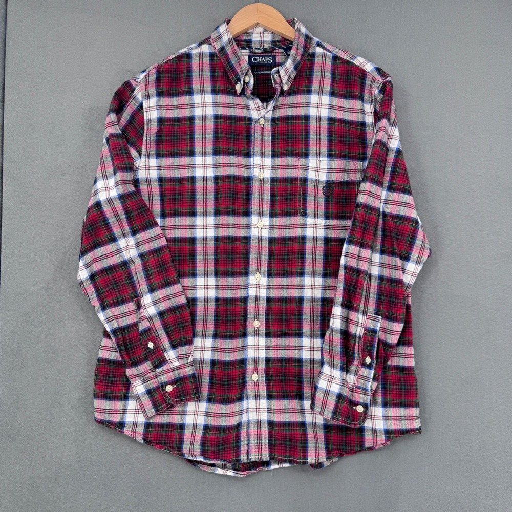 Chaps Button Down Shirt Mens Large Red Plaid Cotton Oxford Preppy Heritage